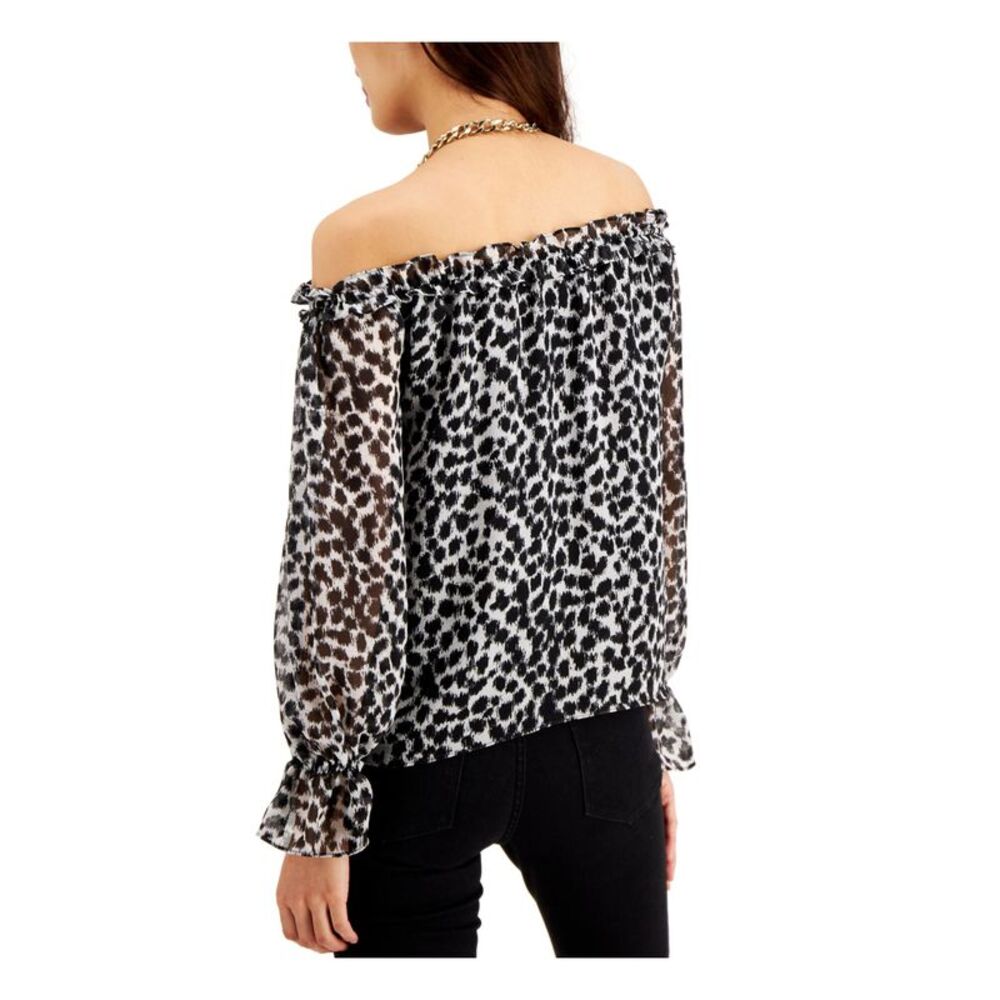 INC Womens Black Ruffled Printed Off Shoulder Top XS - Picture 2 of 2
